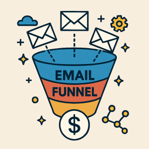 Illustration of an email funnel showing how leads are filtered into sales using automated email marketing.