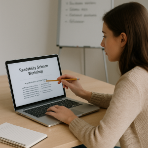 Readability science workshop with a writer editing a document on a laptop at a wooden desk.