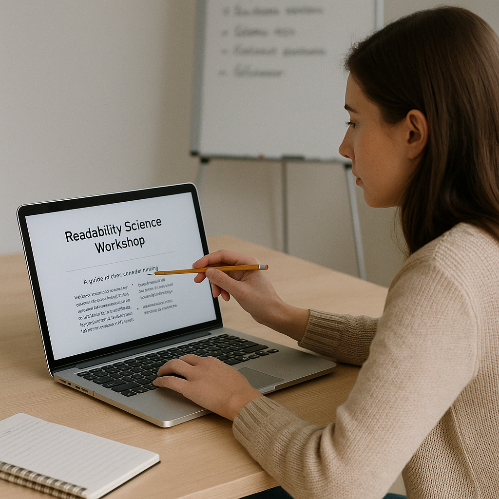 Readability science workshop with a writer editing a document on a laptop at a wooden desk.