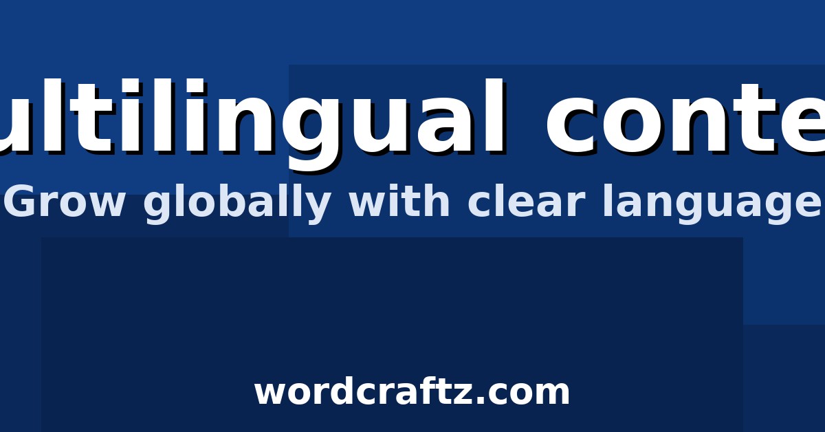 Multilingual content banner for Wordcraftz.com with bold white text on a blue background