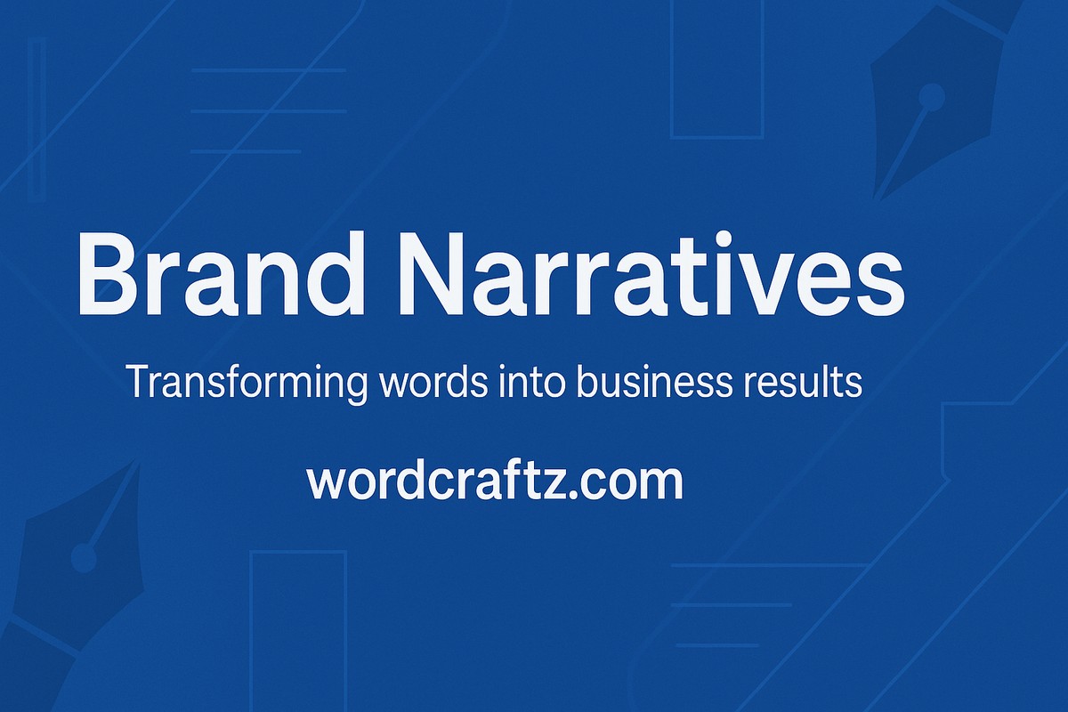 Brand narratives banner for Wordcraftz.com with bold white text on a blue background promoting professional copywriting services.