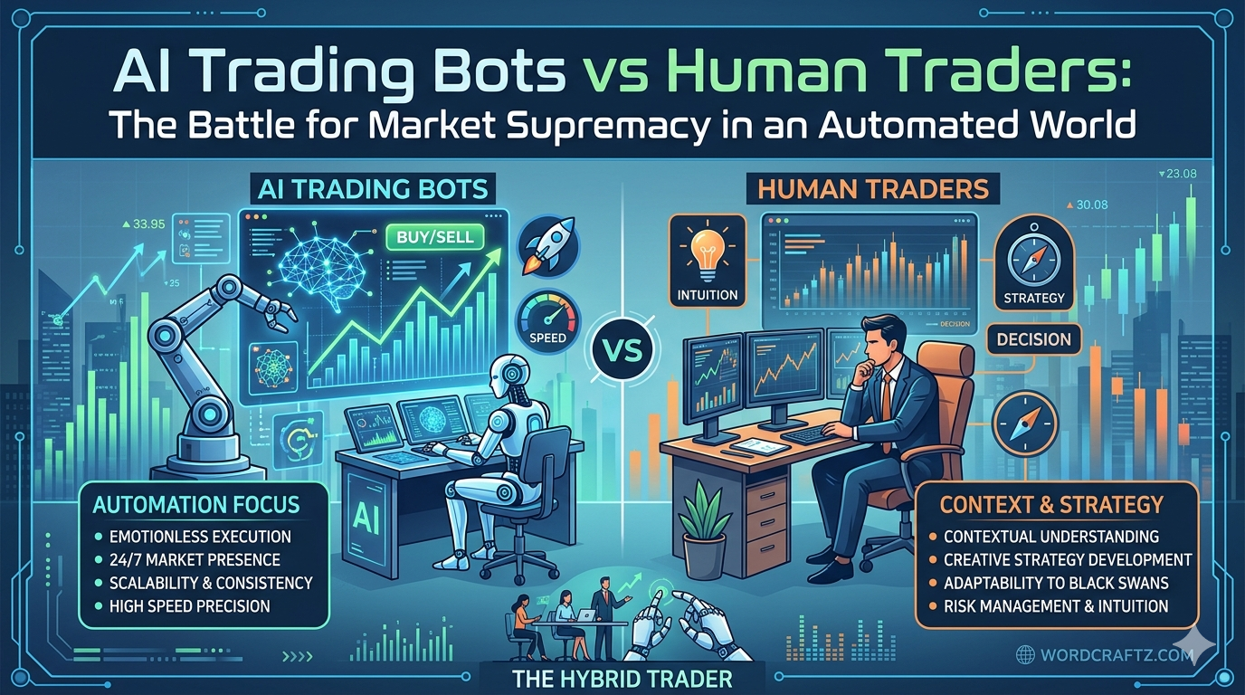 A professional comparison infographic showing AI trading bots and human traders. On the left, a digital brain and robotic arm represent automation, speed, and precision. On the right, a human trader at a desk represents intuition and strategy.
