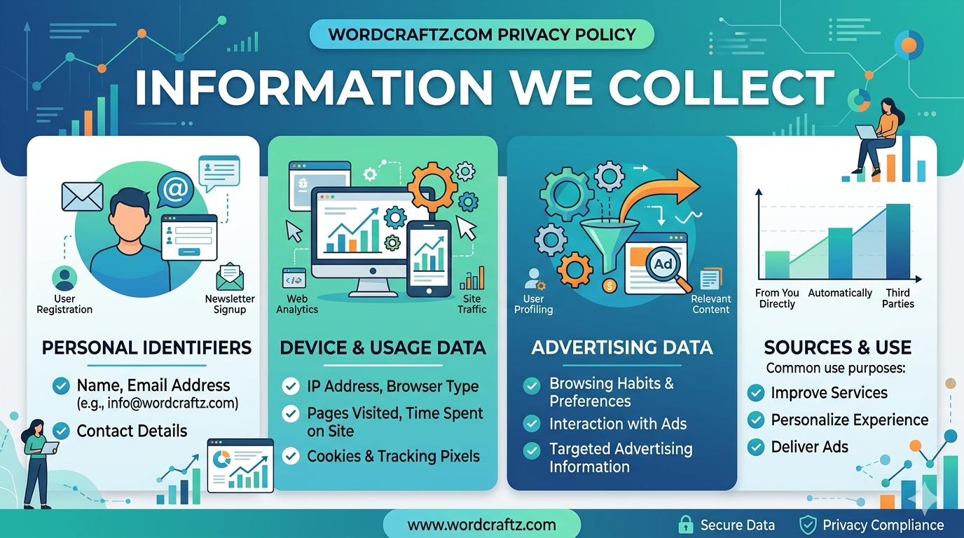 A professional blue and green infographic titled 'Information We Collect' for WordCraftz.com. It features four columns: Personal Identifiers (name, email), Device & Usage Data (IP, cookies), Advertising Data (browsing habits, targeted ads), and Sources & Use (improving services).