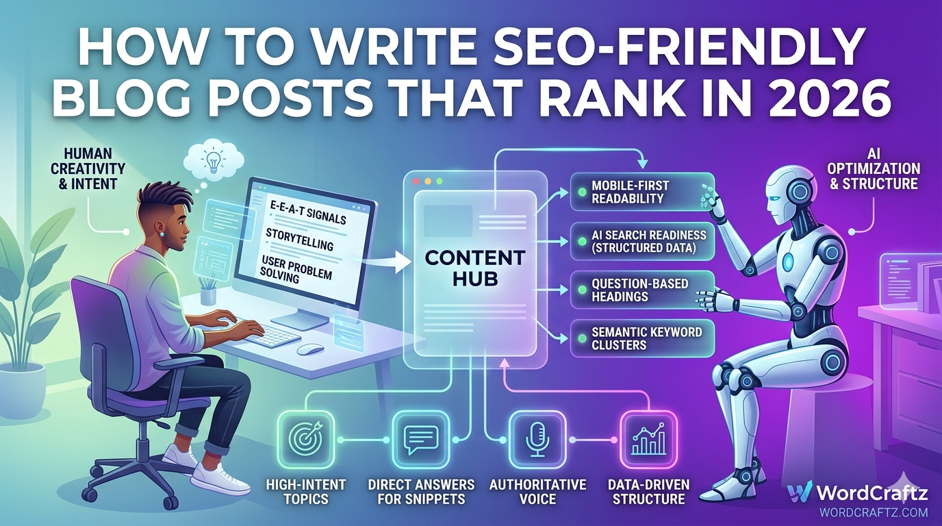 A clean 16:9 infographic showing a digital workspace where a human creator is using AI tools to structure an SEO friendly blog post. The graphic highlights key 2026 ranking factors like question-based headings, E-E-A-T signals, and mobile-first readability on a professional, tech-focused background.