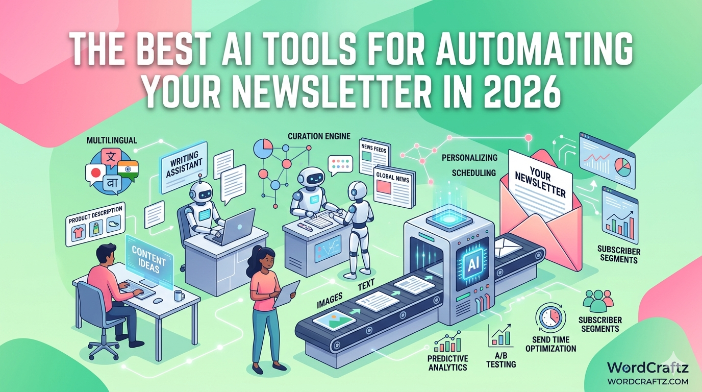 A modern isometric illustration of an AI powered production line for a Newsletter in 2026. The image features pink and green geometric backgrounds with small robots and humans collaborating on content ideas, writing, and predictive analytics.