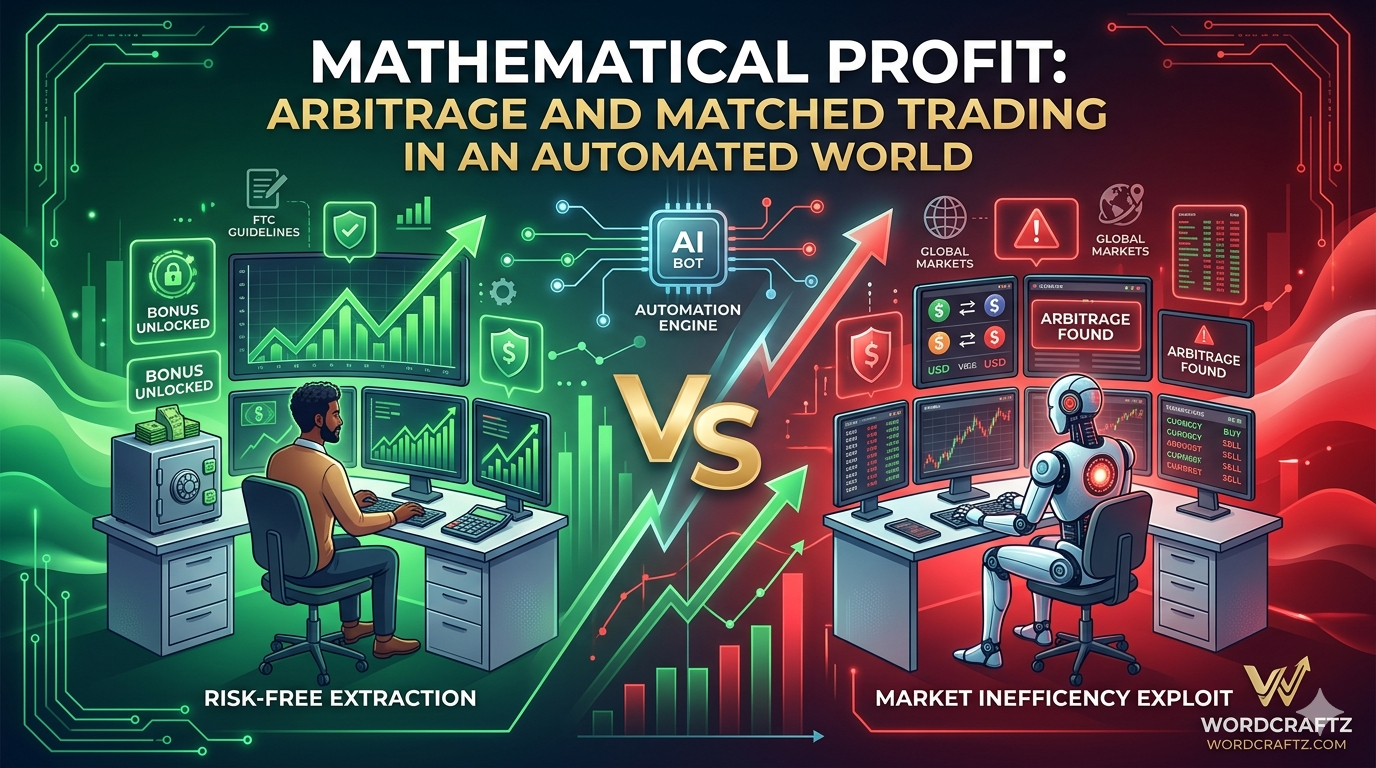 A professional 16:9 website banner with a split red and green background. On the green side, a human trader manages a digital vault and growth charts. On the red side, a sleek white robot monitors multiple screens showing arbitrage alerts. The text Mathematical Profit is displayed prominently at the top center.
