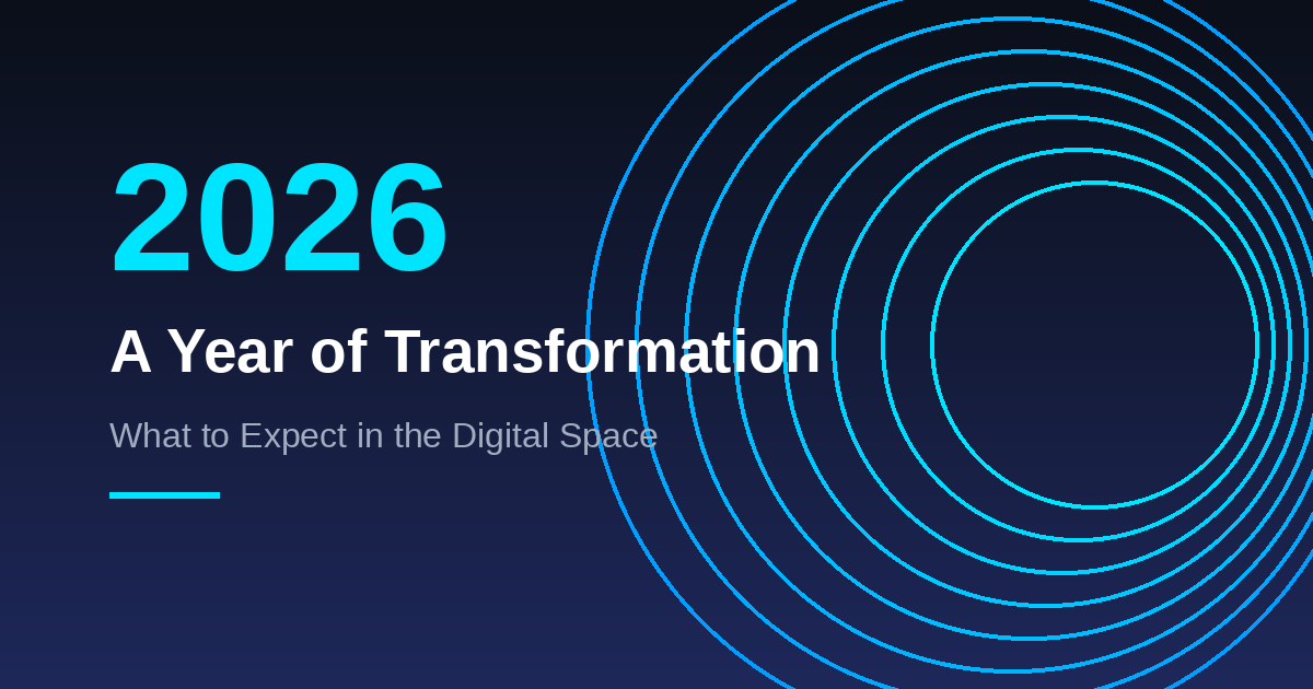 A sleek, dark-themed digital banner for 2026 featuring the text "2026: A Year of Transformation" with glowing cyan geometric rings on a deep blue gradient background.